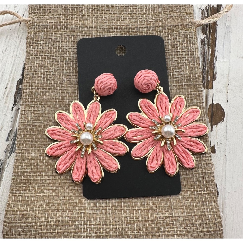 Raffia Woven Flower Earrings Pink Embellished NEW